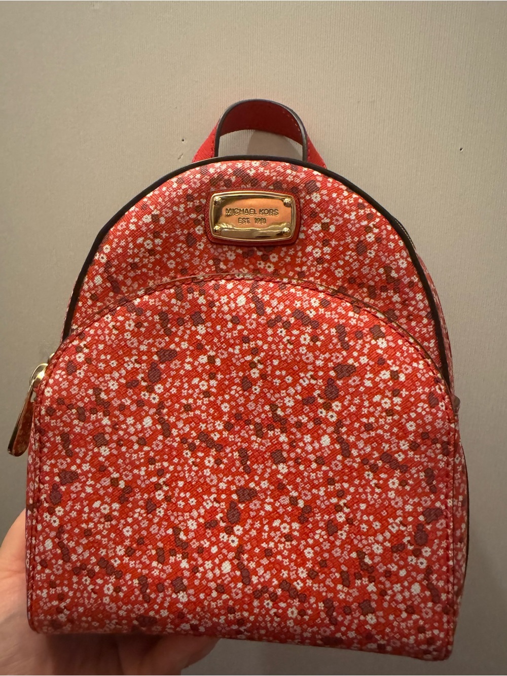 Michael Kors Red Floral Mini Backpack with Gold Plaque